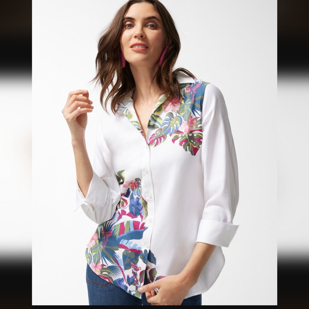 Chicos No Iron 3/4 Sleeve Stretch Button Down Rainforest Shirt Sz 2
